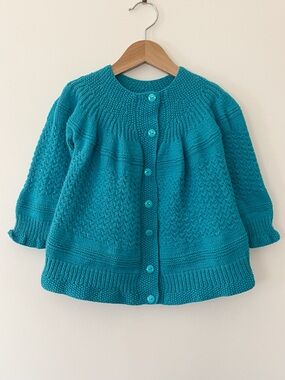 EUC Deep Teal Artisan Hand Knit Mixed Stitch Heirloom Swing Silhouette Cardigan